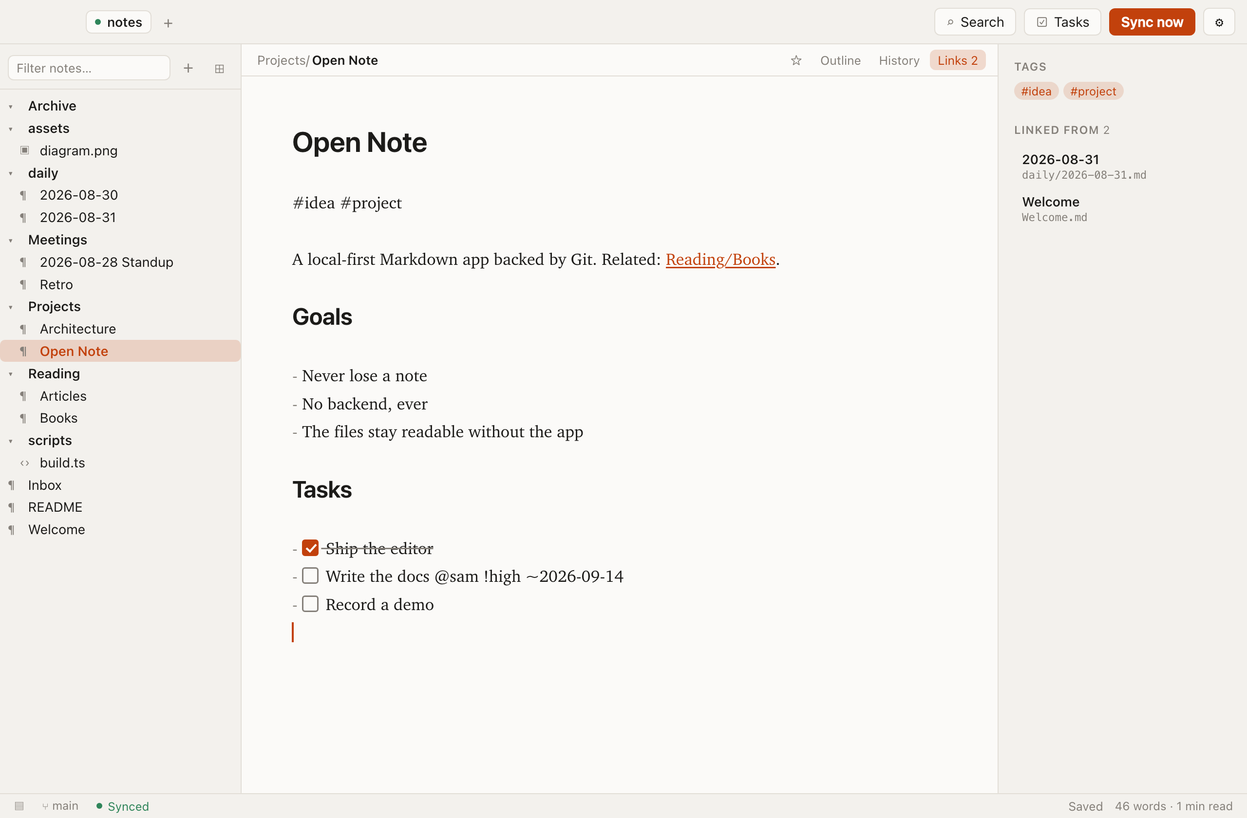The Open Note editor: a folder tree on the left, a Markdown note with a ticked task list in the middle, and links and tags on the right.