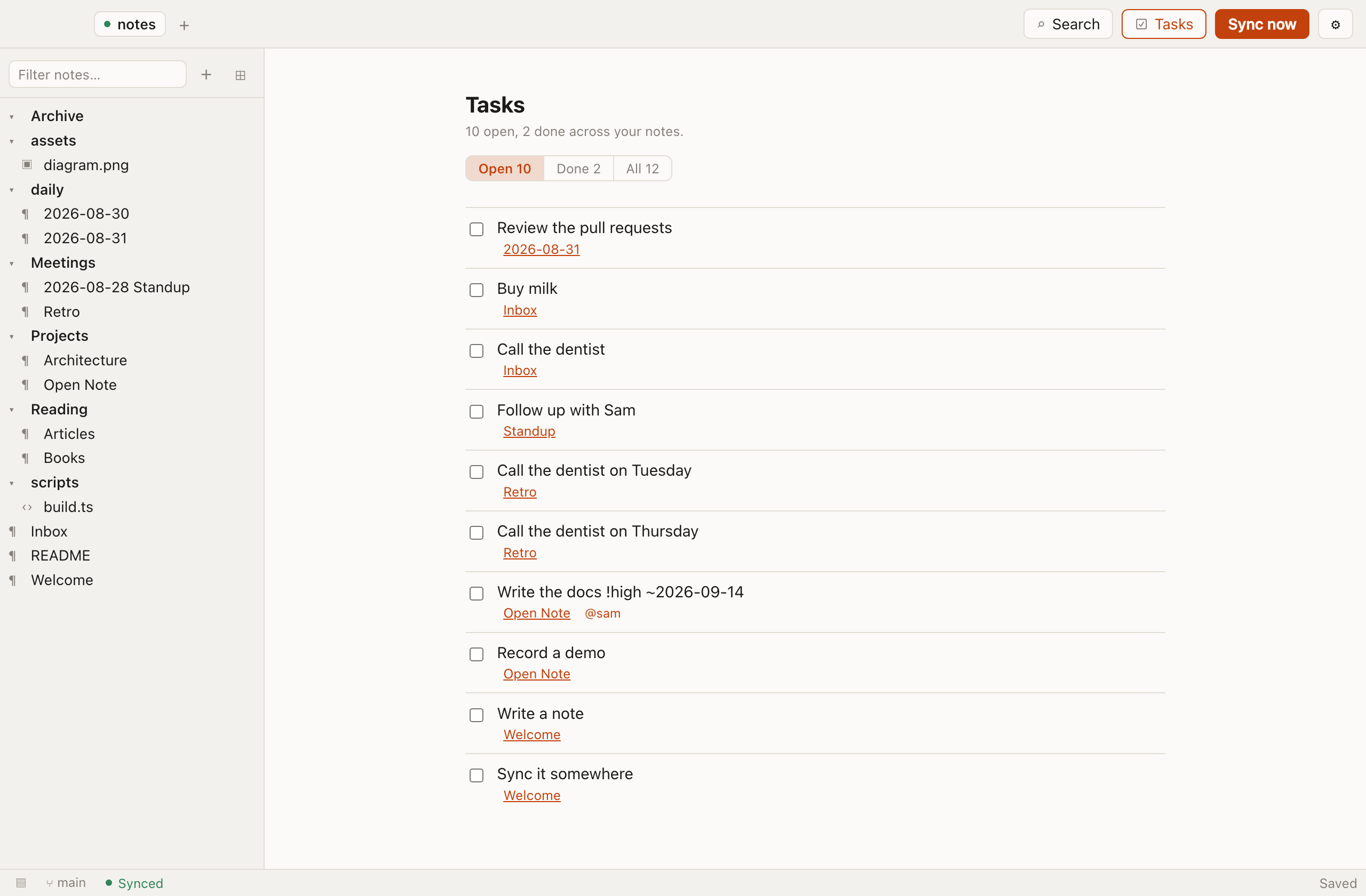 The task view, listing every open checkbox from across the vault with the note each one came from.